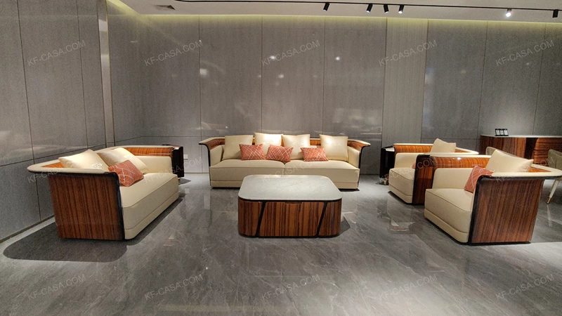 Beige Leather Sofa Set with Natural Ebony Wood Veneer, Embroidered Wing Craftsmanship & Stainless Steel Trim